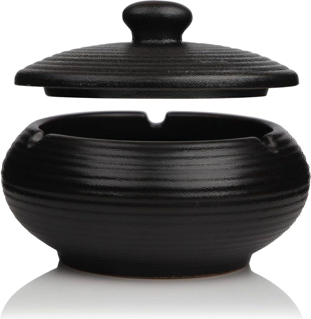 Zigaretten-Aschenbecher Schwarz Keramik für den Außenbereich mit Deckel Retro Wind Aschenbecher Geruch-Proof Outdoor Sturm Home Office Sch