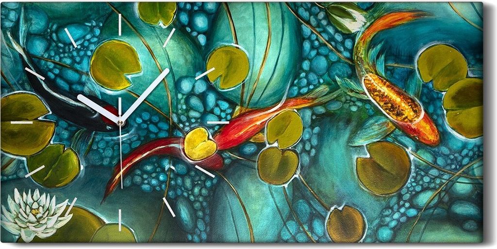 Leinwand Uhr Küche Wohnzimmer Bild 60x30 Malerei Fische Koi Blumen Natur Kunst - weiße Hände