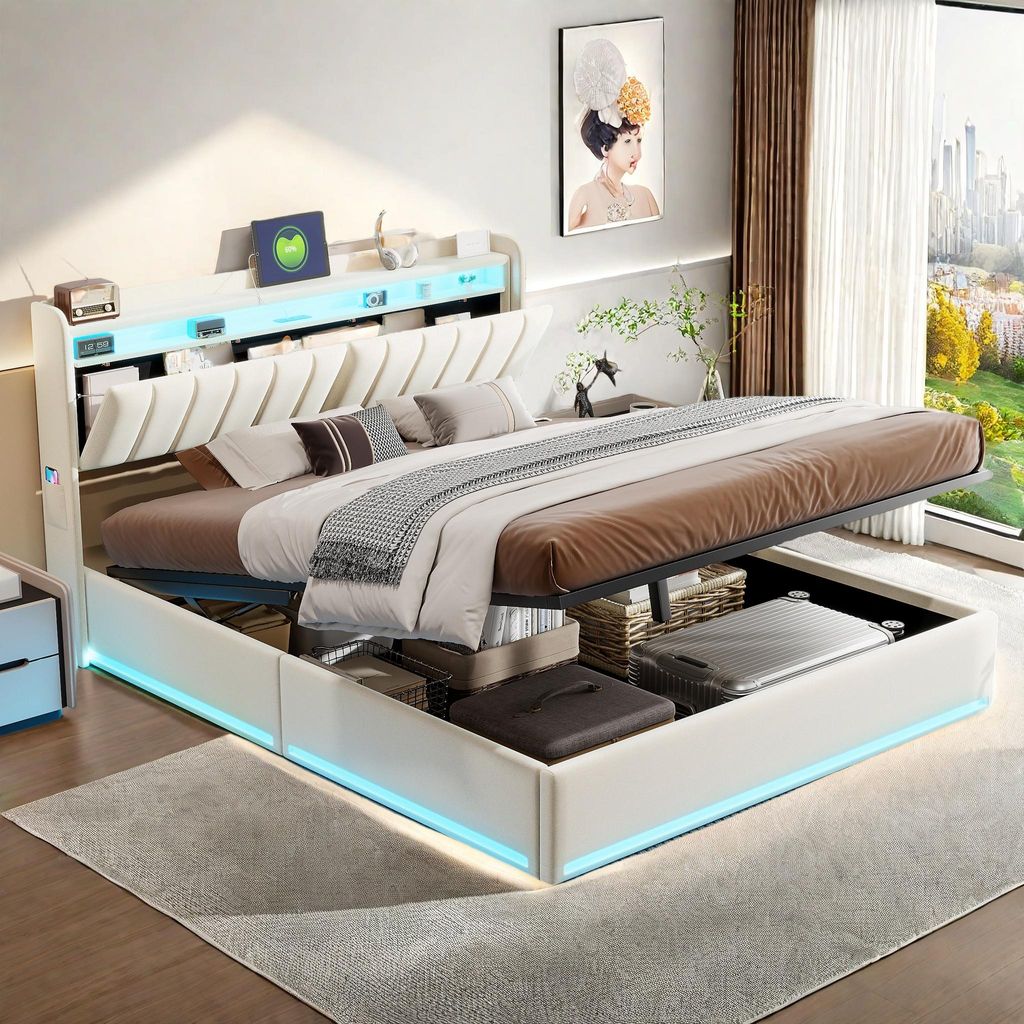 ProximaX Polsterbett 140×200 cm in Beige – Samtbezug, LED-Kopfteil, USB-Ladeanschluss & Ablage – Stauraum unter dem Bett, modern & praktisch