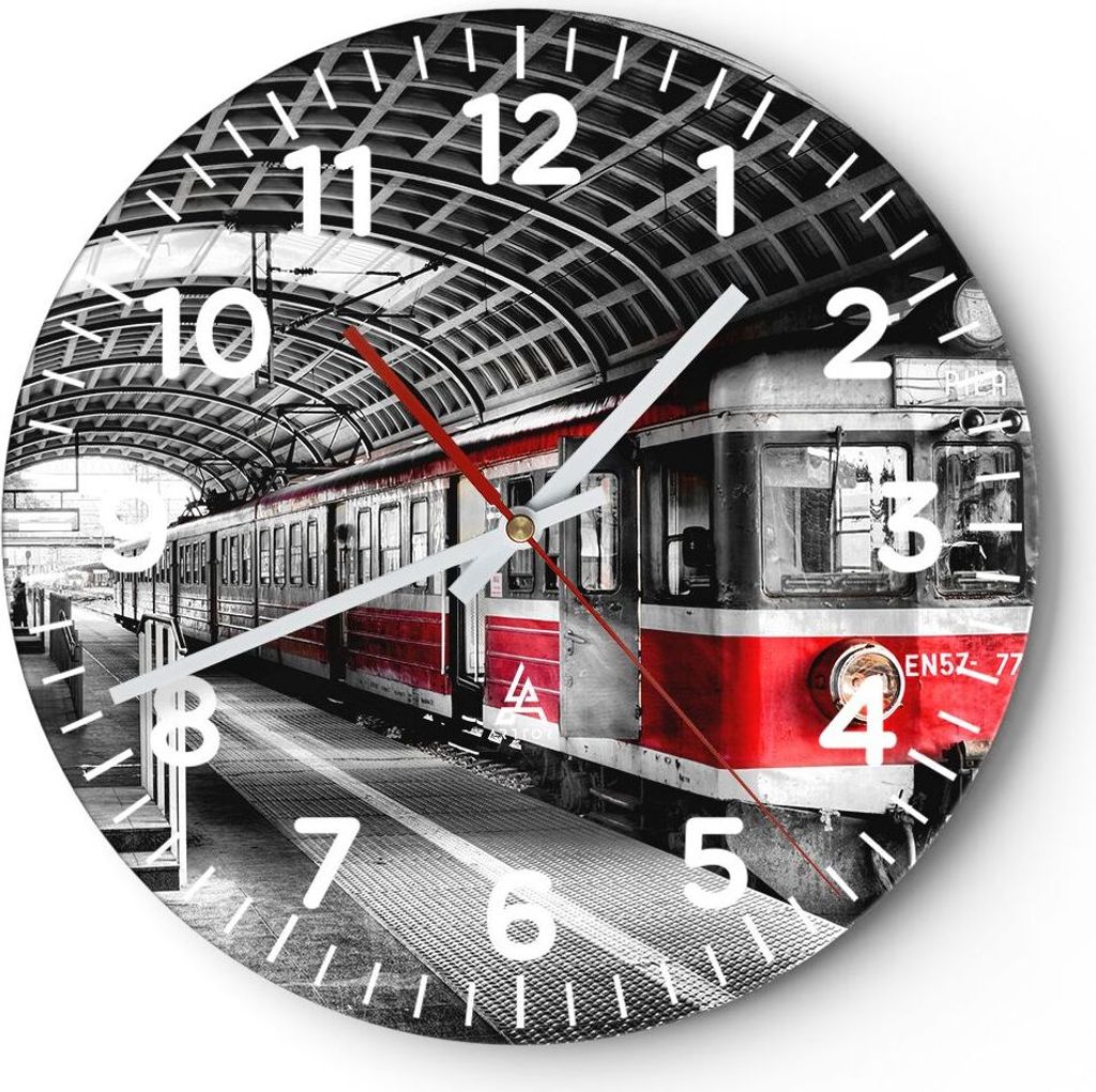 Wanduhr - Rund - Glasuhr - Bahn Bahnhof Zug Transport - 30x30cm - Schleichendes Uhrwerk - Lautlos - zum Aufhängen bereit - Dekoration Modern - Wan...