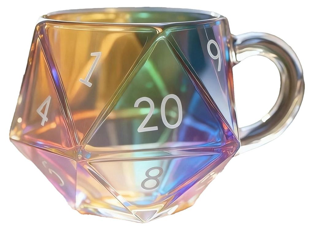 Regenbogenfarbener D20-Würfelbecher mit Henkel, farbenfrohe, polyedrische Glaskaffeetasse für Gamer, einzigartiges Geschenk für Tabletop-Rollens...