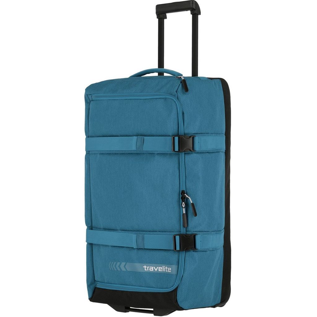 A teal Travelite suitcase with black accents and a retractable handle is shown against a white background.
