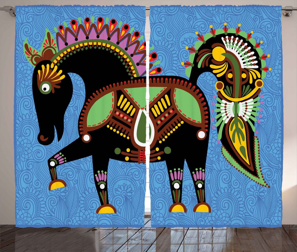 ABAKUHAUS Ethnisch Rustikaler Gardine, folkloric Tier, Schlafzimmer Kräuselband Vorhang mit Schlaufen und Haken, 280 x 175 cm, Mehrfarbig