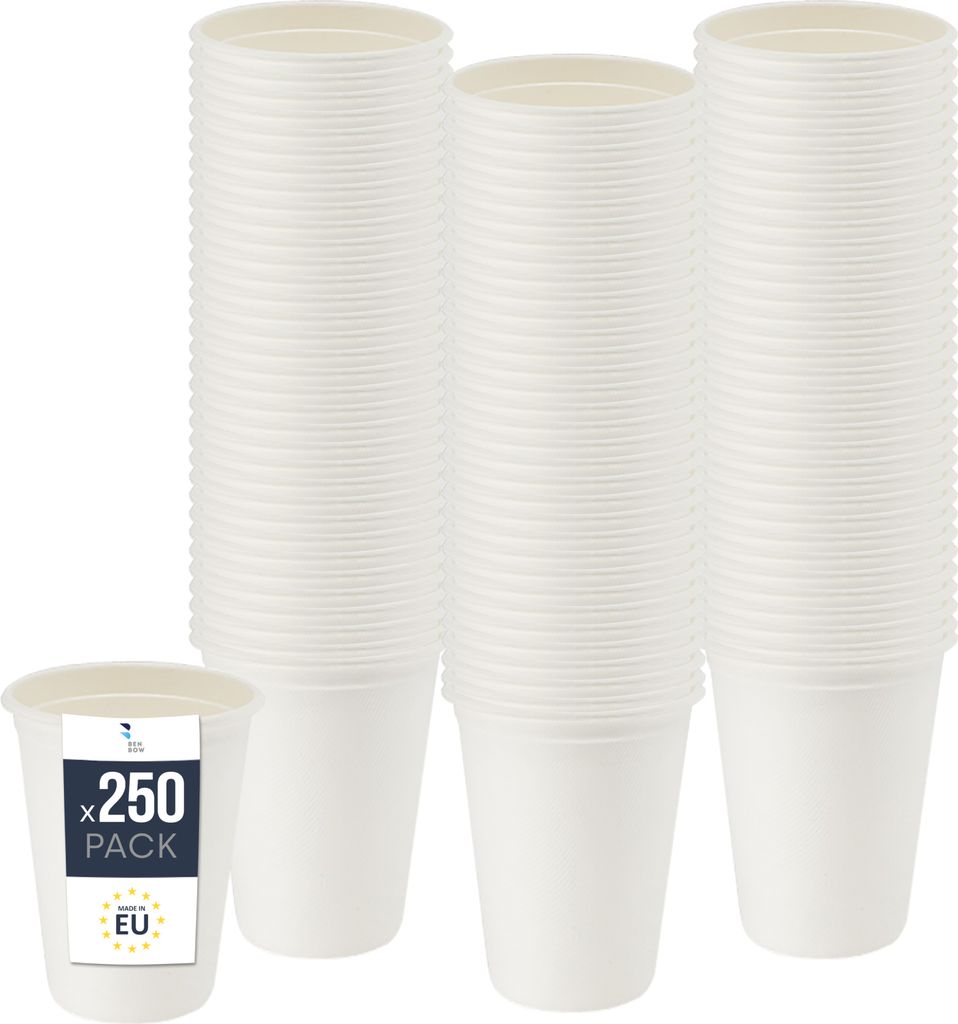 BenBow Einwegbecher aus Zuckerrohr, Weiß, 300 ml x 250 – Besser als Pappbecher, Umweltfreundlich, Ideal für Partys oder Kaffee