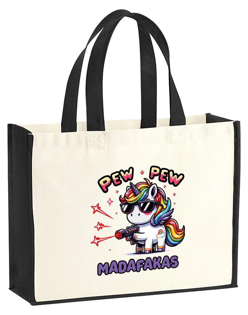 Huuraa Jutetasche Pew Pew cooles Einhorn 21 Liter Black Jute und Baumwolle Einkaufstasche Geschenkidee