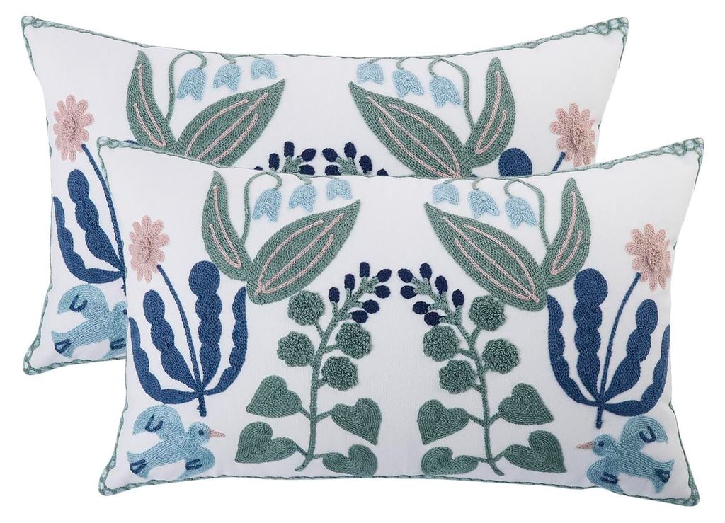 2 bestickte Kissenbezüge, 30 x 50 cm, blaue Blätter, Dekokissen für Garten, Lounge, Sofa, Frühling, Sommer, Wohnzimmer, Schlafzimmer, Landhausstil