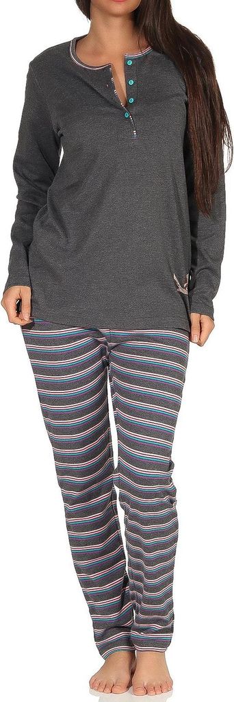 Damen Pyjama Schlafanzug, gestreifte Hose, niedliches Faultier Motiv - auch in Übergrösse ; anthrazit-melange , 40