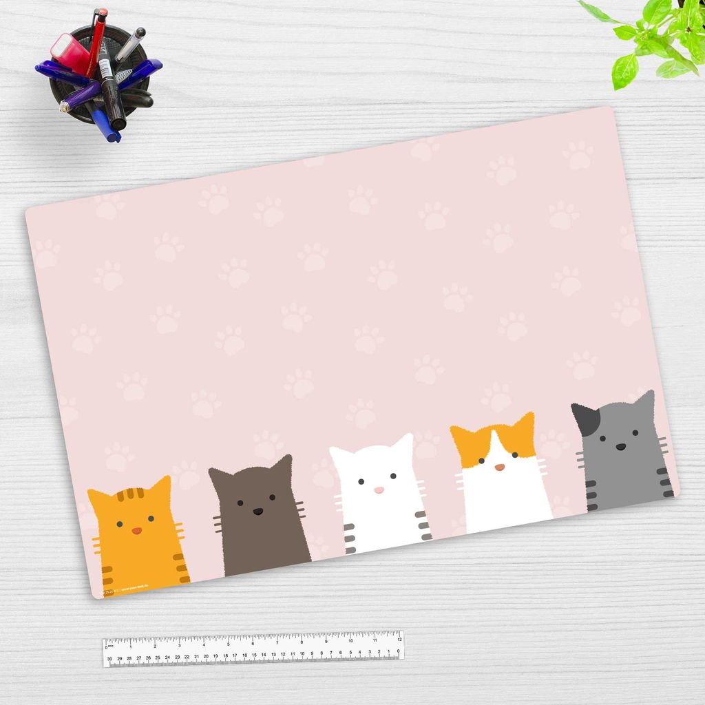 Schreibtischunterlage für Kinder und Erwachsene – „Süße Katzenköpfe “ – 60 x 40 cm – aus Premium Vinyl – Germany
