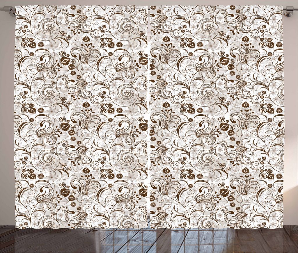 ABAKUHAUS Schokolade Rustikaler Vorhang, Klassische Blumenmotive, Wohnzimmer Universalband Gardinen mit Schlaufen und Haken, 280 x 225 cm, Weiß Braun