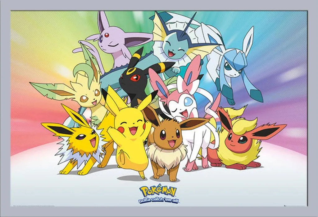 Poster Pokémon Évoli Prêt à Accrocher avec Cadre Argenté et Vitre