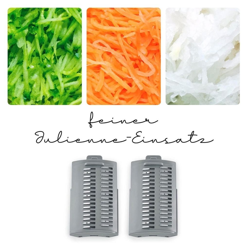 A collage showing shredded vegetables and two attachments for a food processor.