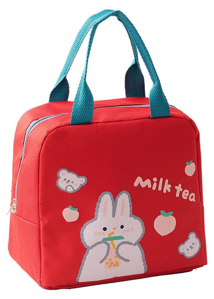 Lunchtasche im Cartoon-Stil mit Reißverschluss, verbreitertem Griff, Oxford-Stoff, Aluminiumfolie, tragbare Lunchbox für Studenten, Rot