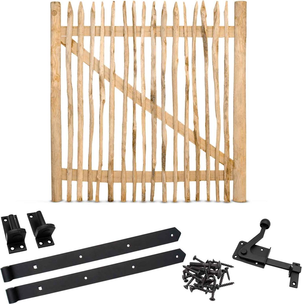 Classic Staketenzaun-Tor Set (schwarz) aus Edelkastanie, Breite 150 cm, Höhe 150 cm (genagelte Ausführung)
