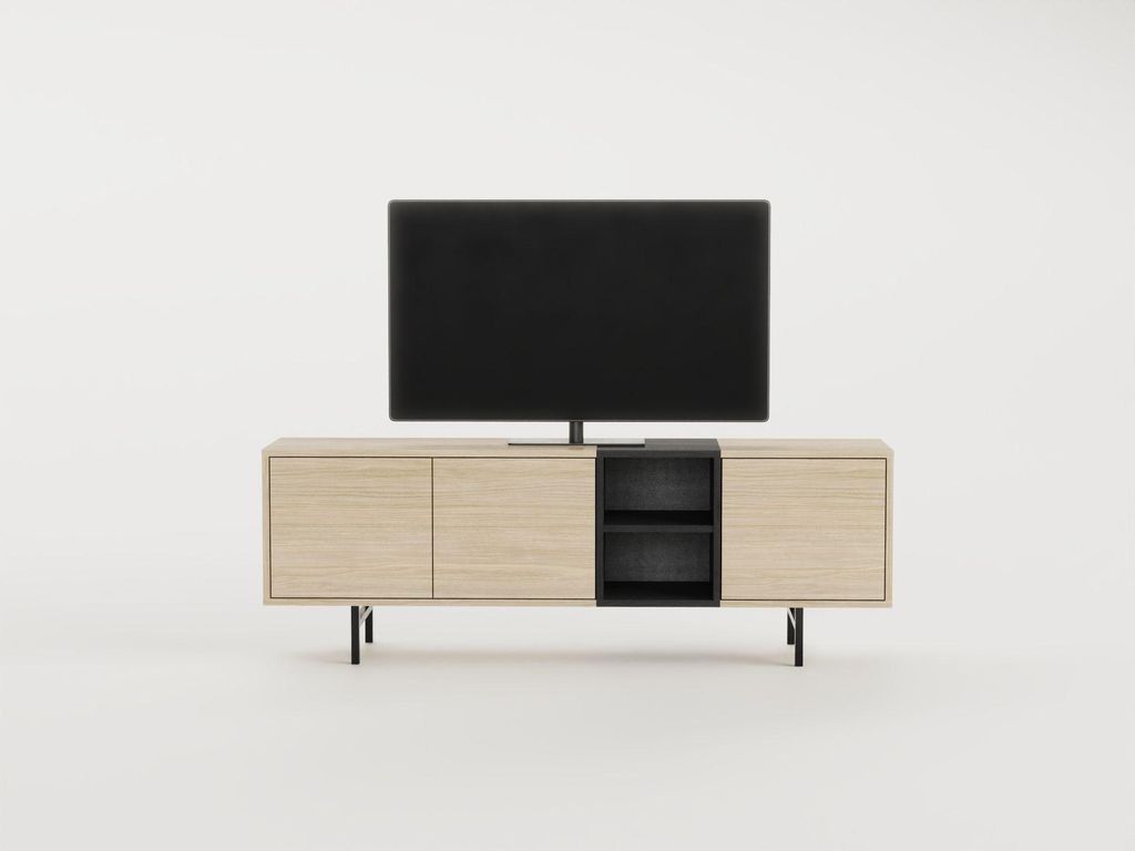 THEA TV-Möbel – Helle nordische Eiche & schwarze Oberfläche – 3 Türen und 2 Einlegeböden – 180 x 40 x 55 cm