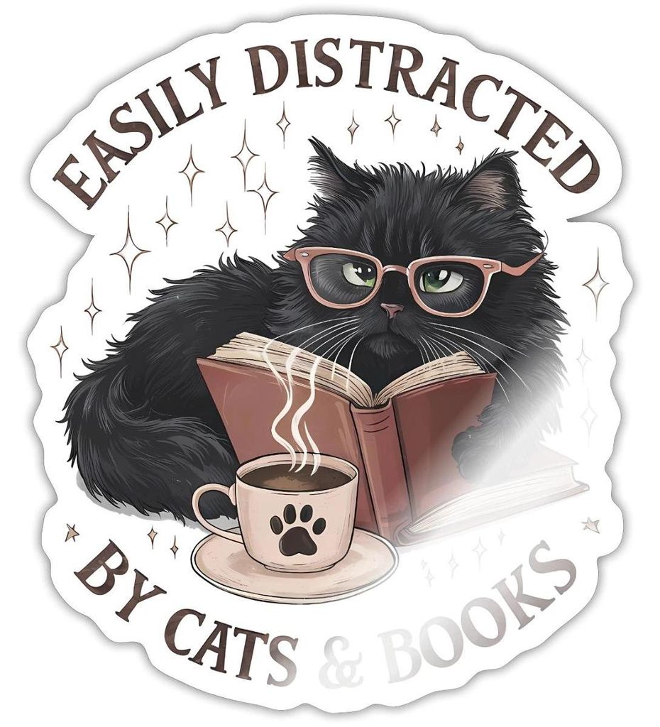 Spreadshirt Easily Distracted By Cats & Books | Leseratte Katze Sticker Aufkleber, 10 x 10 cm, Weiß glänzend