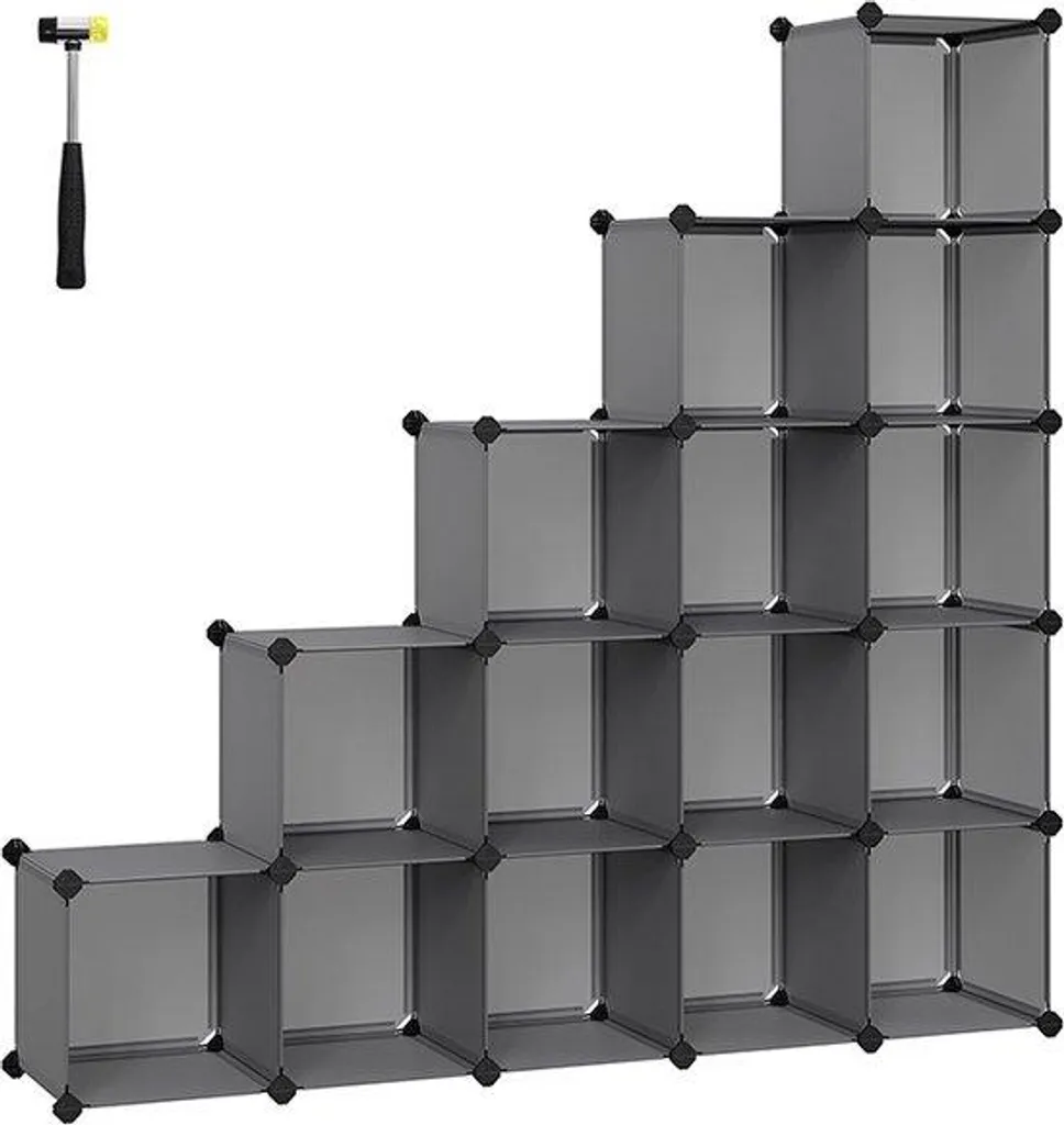 Meuble de rangement chaussures 16 cases gris, tour de 123 cm en PP