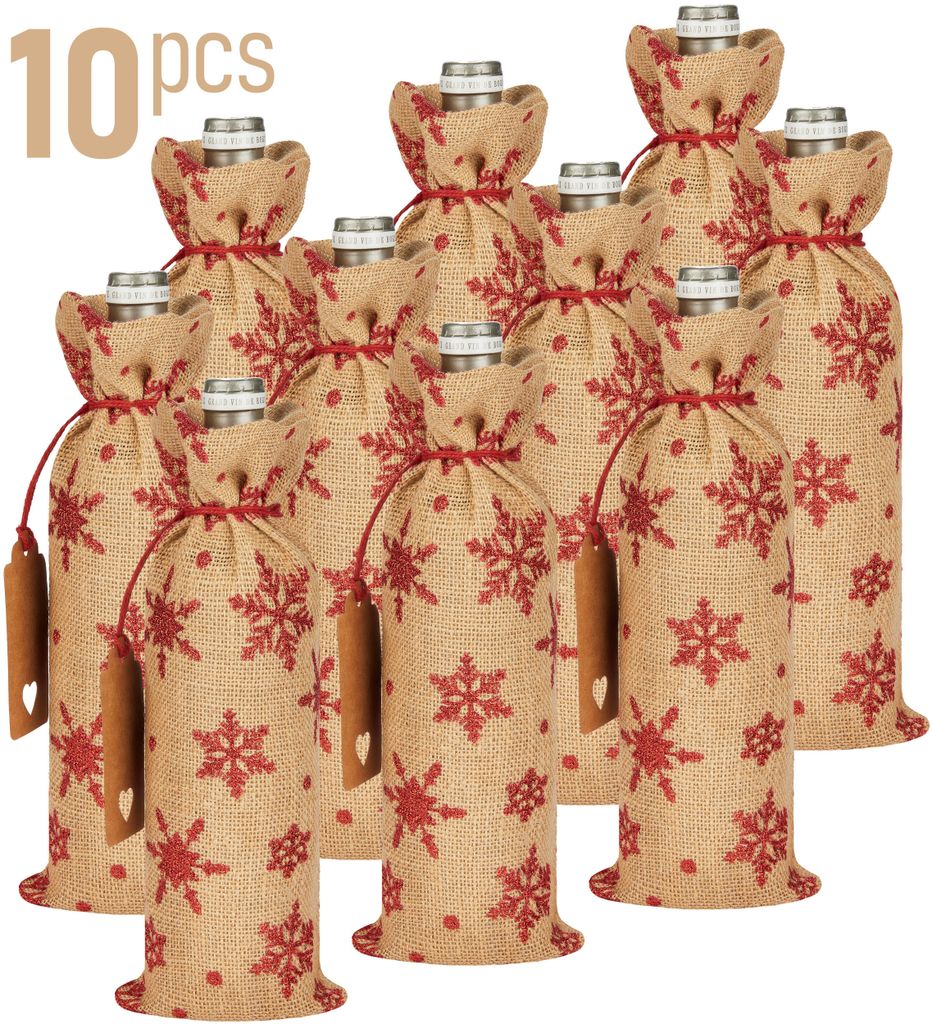 BRUBAKER Weinbeutel für Weihnachten - Schneeflocken Rot - 36 x 17 cm aus Jute - Weintasche Sack Geschenk für Wein, Sekt und Champagner, 10 Stück