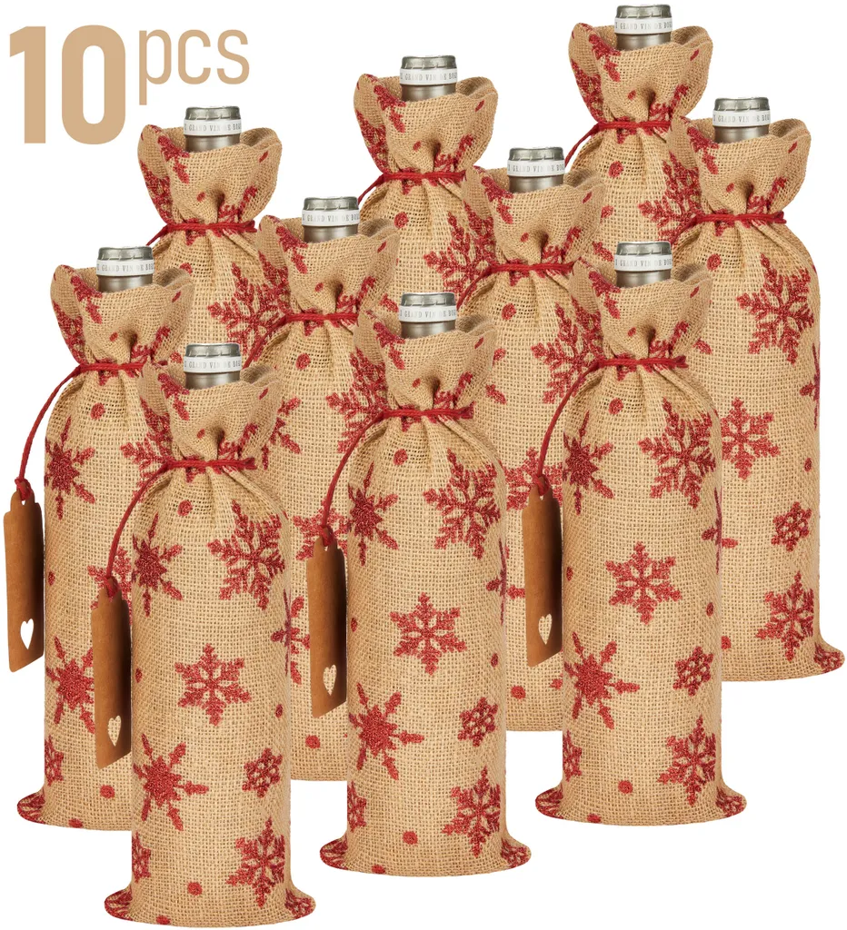 BRUBAKER 10 Pezzi Borse Vino Natale Juta 36x17cm Fiocchi Neve Rossi