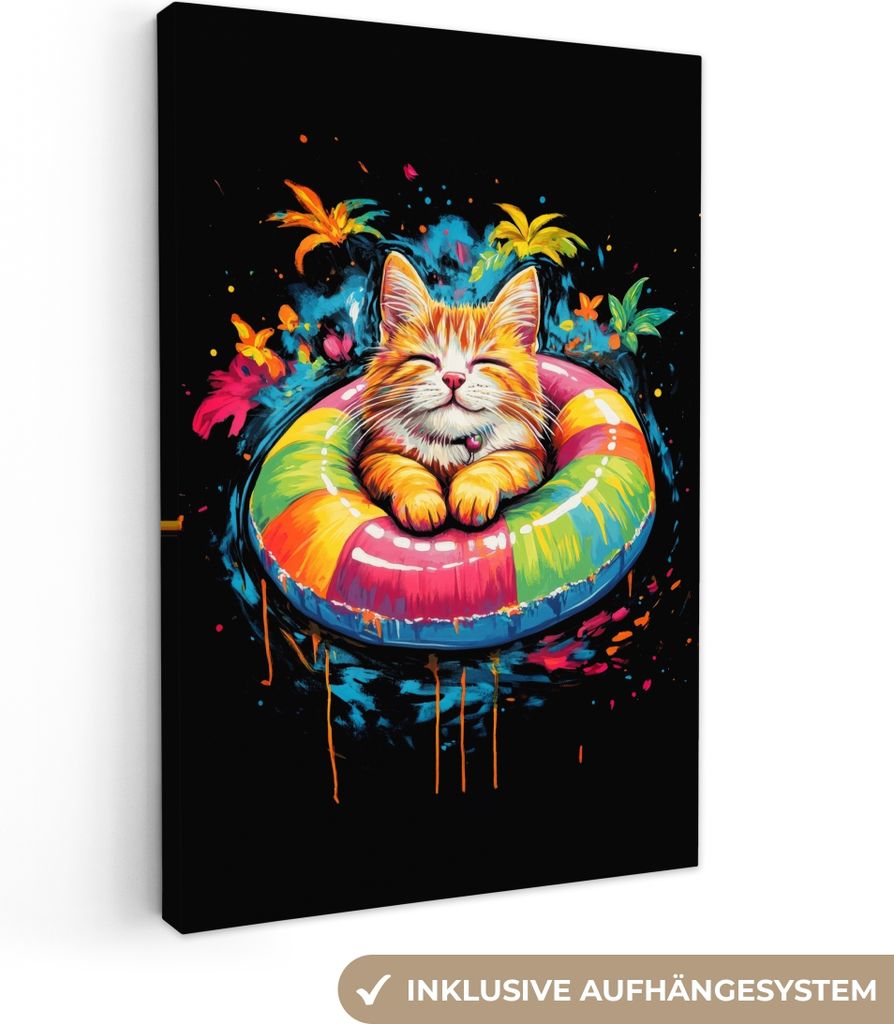 MuchoWow - Leinwandbilder - Graffiti - Sommer - Katze - Tier, Wandbild, Wanddeko Bilder Wohnzimmer, 80x120 cm