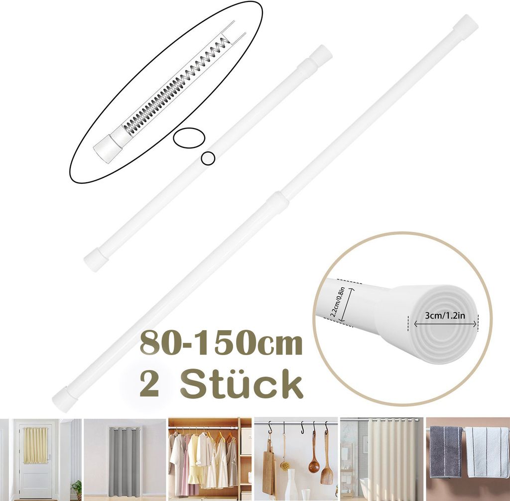 2er-Pack Gardinenstange Ø30mm,Spannstange für Gardinen Ausziehbar 80-150cm,Klemmstange Ohne Bohren,Türöffnungen,Kleiderschrank,Fensterrahmen