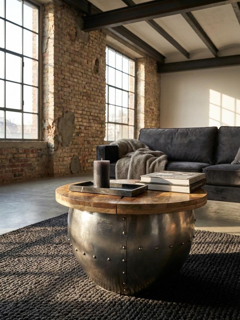 Couchtisch Mango Massivholz / Metall 60x43x60 cm Industrial Style Rund, Design Wohnzimmertisch mit Stauraum, Moderner Loungetisch Sofatisch Silber