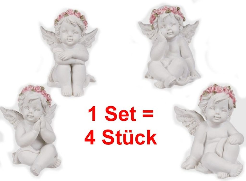 Four white angel figurines with pink rose wreaths on their heads, arranged on a white background. Text indicating '1 Set = 4 Stück' is present.