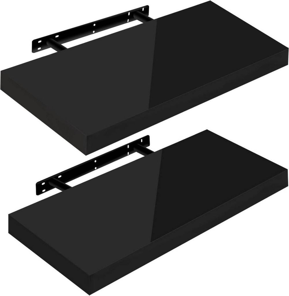 Two black floating shelves with black metal brackets are shown against a white background.