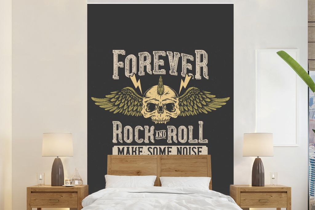MuchoWow Fototapete für Wohnzimmer oder Schlafzimmer Wandtapete Vinyl Motivtapete Vintage - Sprichwörter - Zitate - 'Für immer Rock'n'Roll mac...