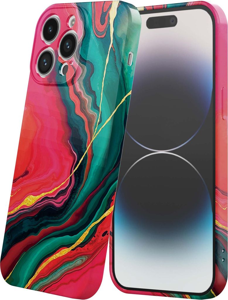 Smartphonica Handytasche passend für iPhone 14 Pro mit rot grünem Marmor Print - Flexible Softcase TPU - Backcover Case rot grün Marmor Design
