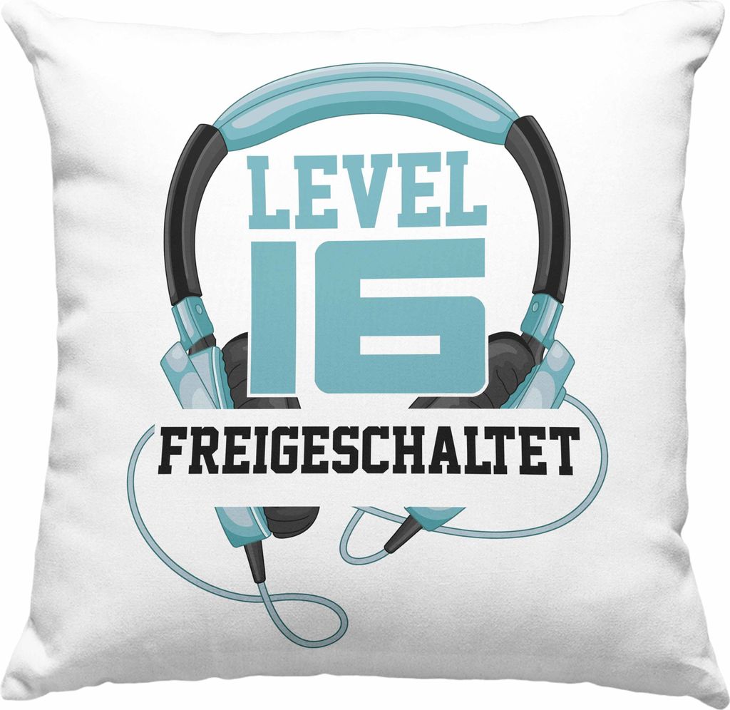Trendation - 16. Geburtstag Deko-Kissen mit Füllung 40x40 Jungen Jungs Geschenk 16er Geschenkidee 16 Sohn Gamer Zocker Sprüche Lustig (Blau)