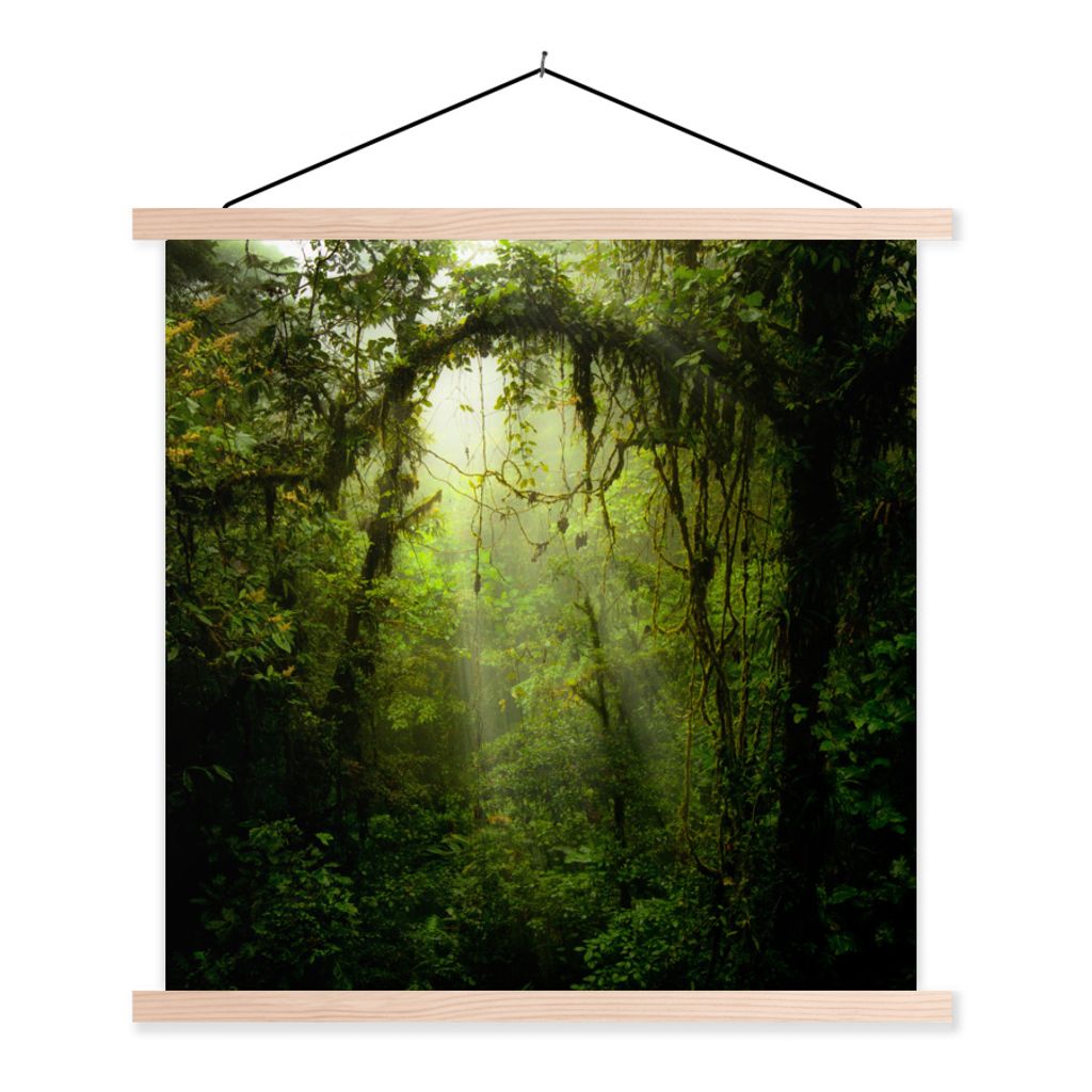 MuchoWow Textilposter Sonnenstrahlen gleiten durch das tropische Blätterdach 60x60 cm mit holzfarbenen Rahmen - Wanddekoration