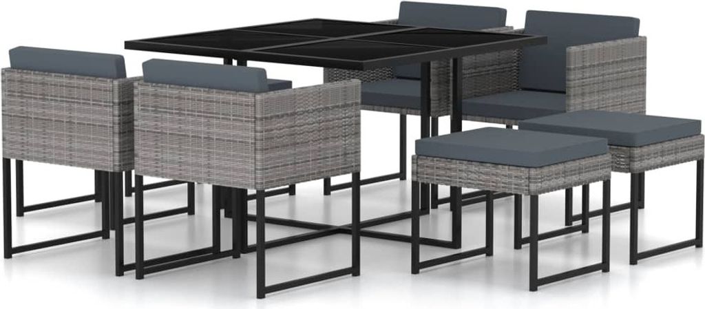 "2026 Promotion" 9-tlg. Garten-Essgruppe - mit Tisch und Stühlen - mit Kissen - Poly Rattan Grau - Gartenmöbelset CC6967