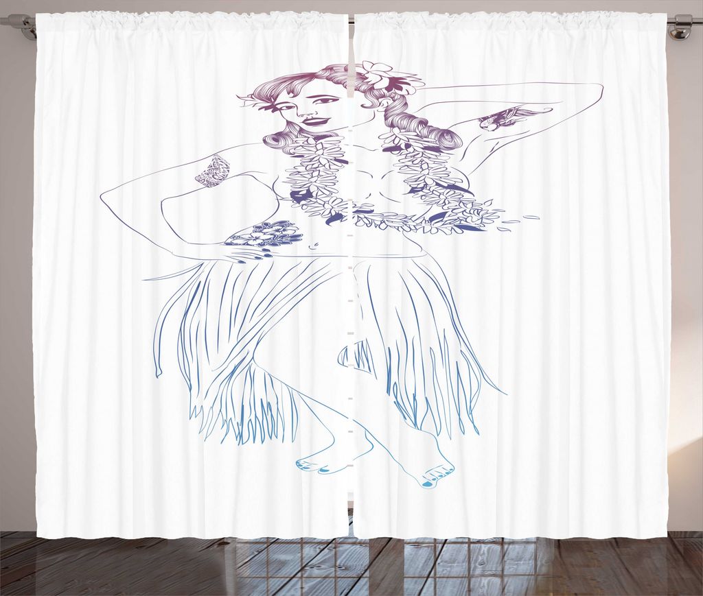ABAKUHAUS Hula Mädchen Rustikaler Gardine, Retro Dancer in einem Kleid, Schlafzimmer Kräuselband Vorhang mit Schlaufen und Haken, 280 x 225 cm, M...