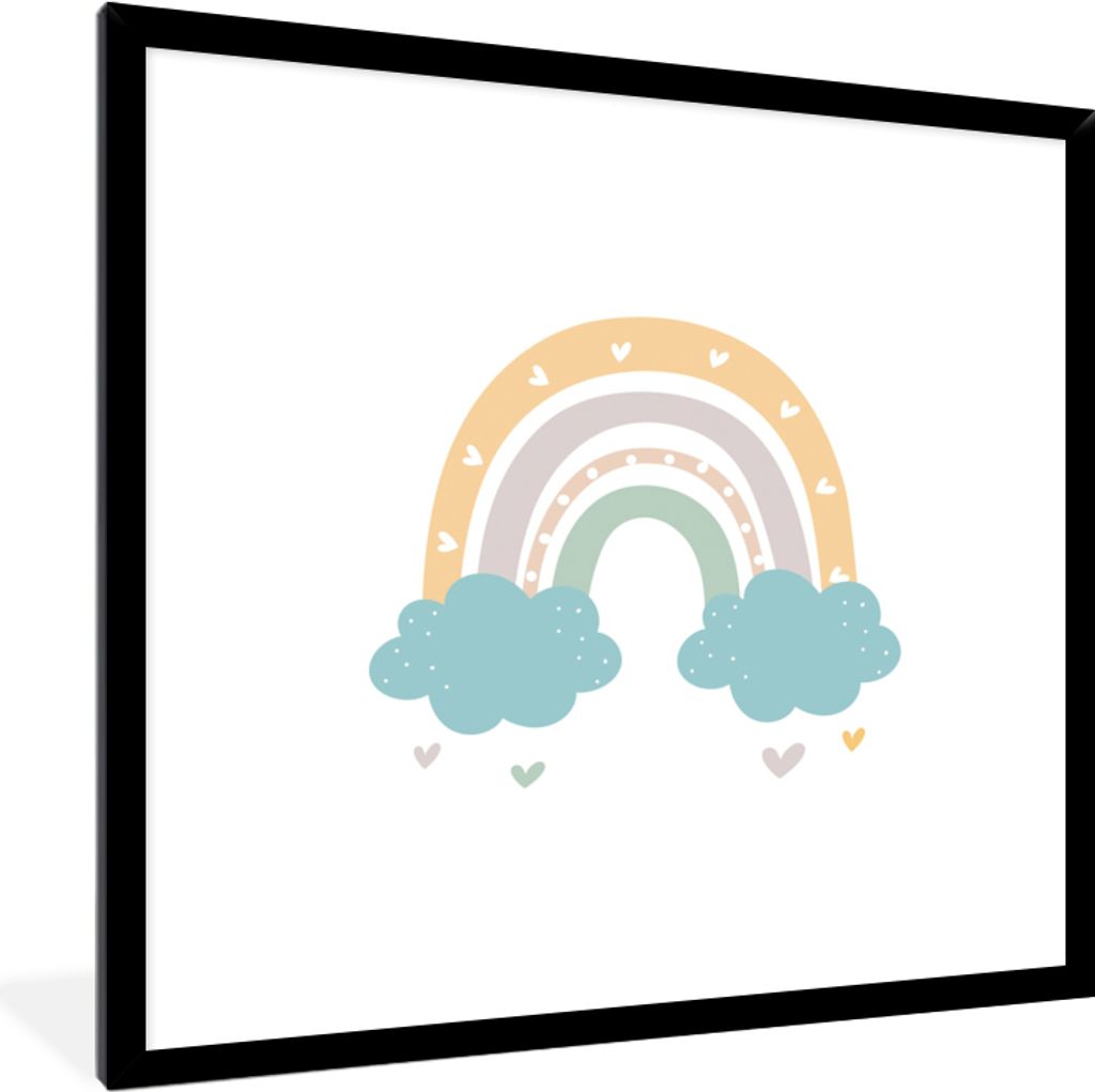 MuchoWow Gerahmtes Poster Regenbogen - Herzen - Wolken - Punkte - Pastell - Kinder 40x40 cm - Poster mit Schwarzem Bilderrahmen Wandposter Rahmen...
