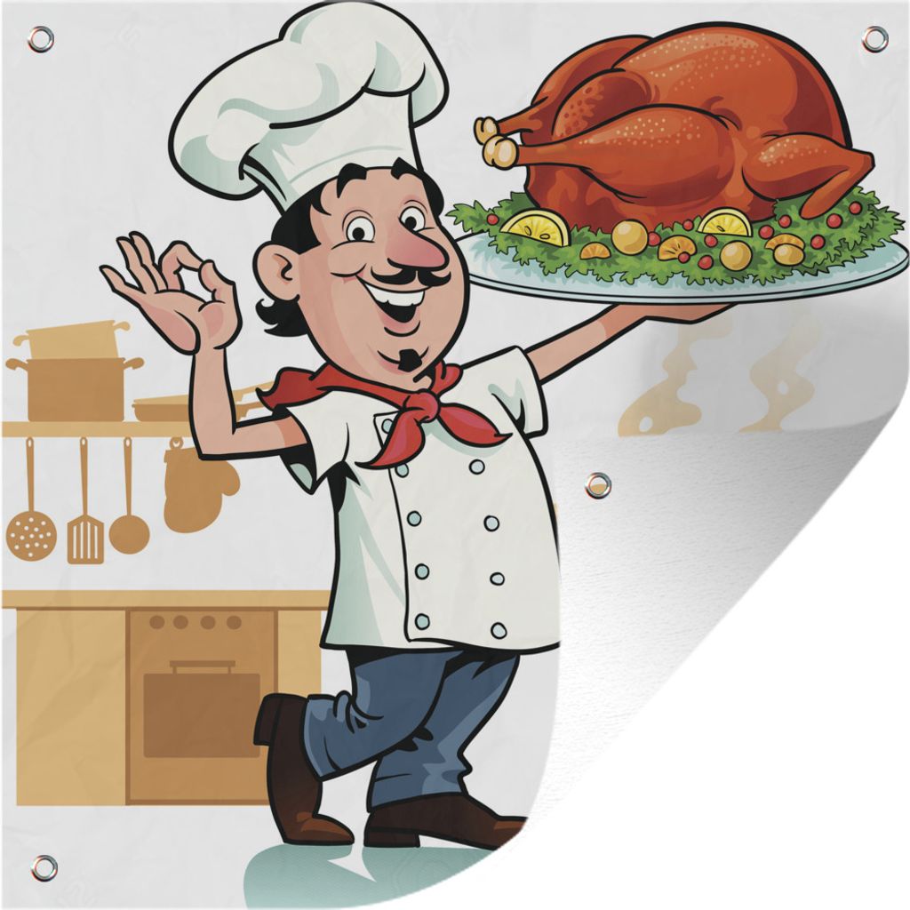 MuchoWow 50x50 cm Outdoor-Poster Gartendeko Sichtschutz Garten Poster für den Garten Eine Illustration eines Kochs mit einem Stück Fleisch