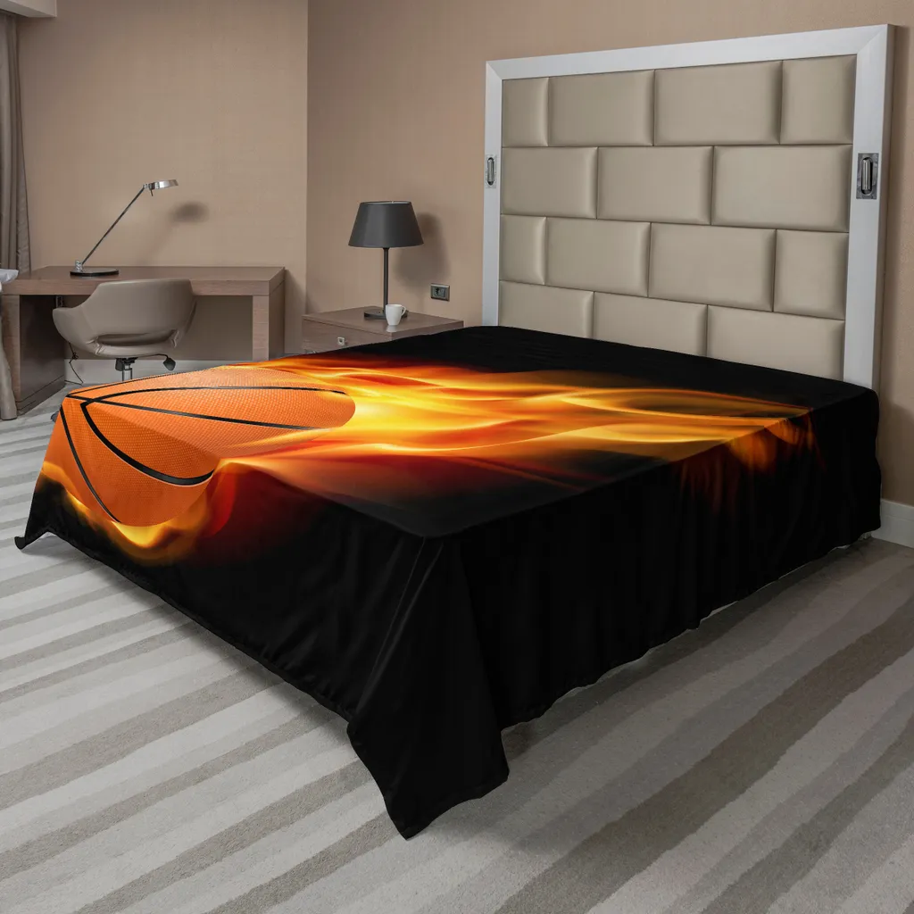 ABAKUHAUS Lenzuolo sportivo, pallone da basket per gli amanti del basket, tiro veloce, palla di fuoco, banda scherzosa, divertimento sportivo, stampa artistica, lenzuolo morbido e confortevole per un letto decorativo, 1 pezzo, 275 cm x 260 cm, nero arancione
