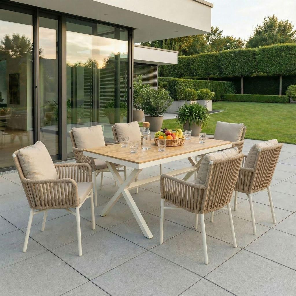 Gartenmöbel Set AFUERA aus Alu in Weiß/Champagner - moderne Outdoor Sitzgruppe mit Tischplatte in Holzoptik und Rope, inkl. Sitzkissen, Terassen...