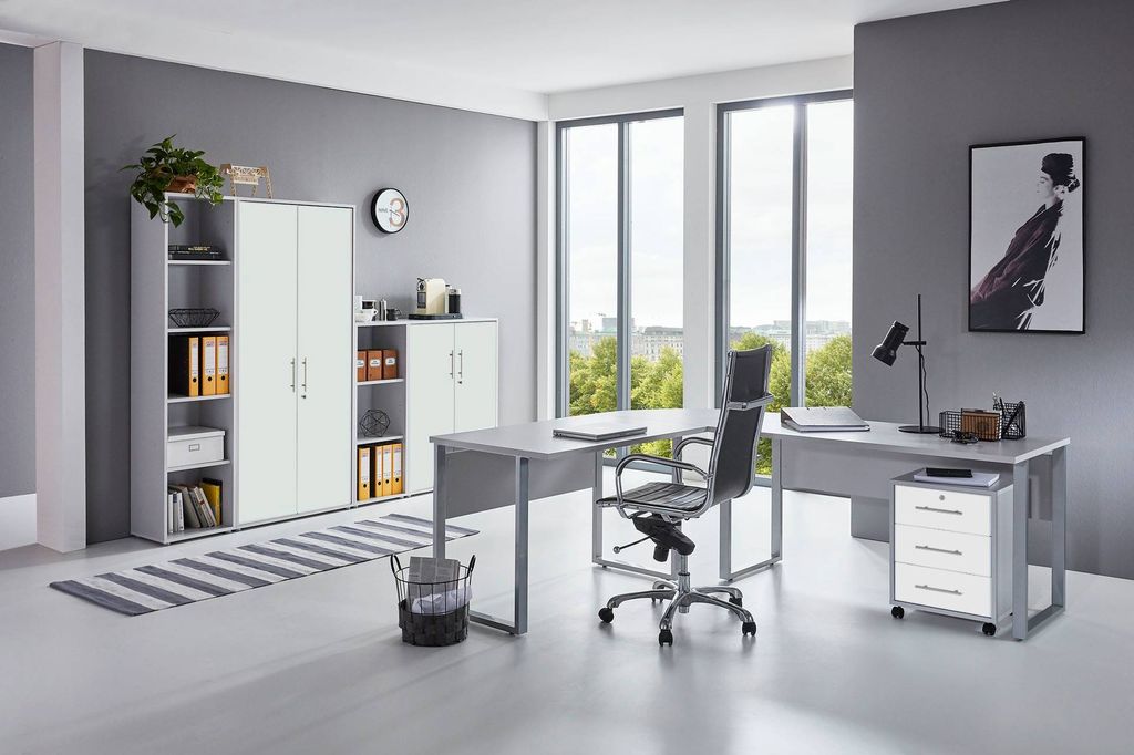 BMG Möbel Homeoffice Büromöbel Komplettset Office Edition Set 4 in lichtgrau / weiß matt Germany