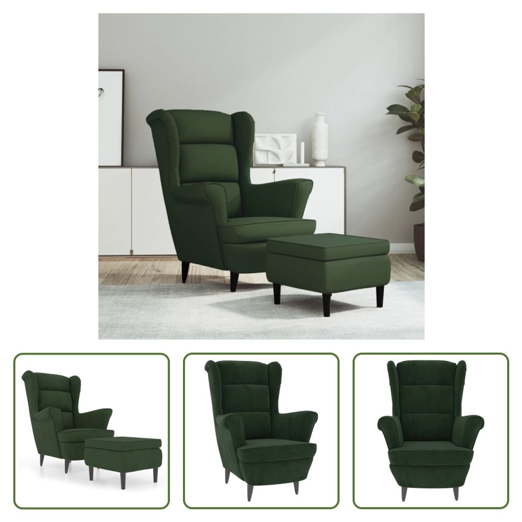 The Living Store Ohrensessel mit Hocker Dunkelgrün Samt Produktbild 