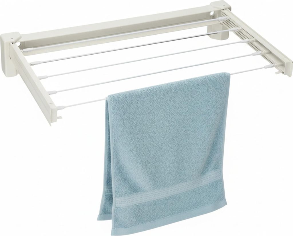 A wall-mounted retractable clothes drying rack with a blue towel hanging on it.