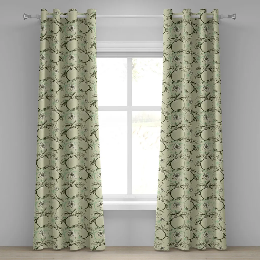 Rideau anti-regard vert olive décoratif 280x245 cm motif pomme fleurs