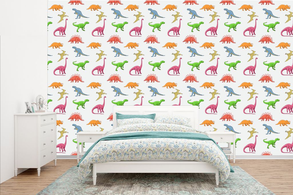 MuchoWow Fototapete für Wohnzimmer oder Schlafzimmer Wandtapete Vinyl Motivtapete Muster - Dino - Kinder - Farben - Kinder - Junge - 385x240 cm ...