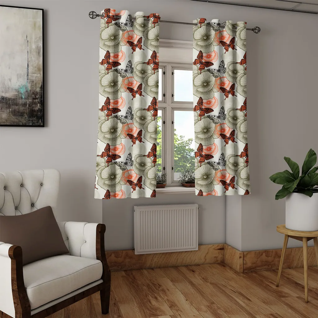 ABAKUHAUS Tenda con occhielli a farfalla, fiori di papavero nel giardino selvaggio, tema bosco, stile vintage, stampa nera, tende decorative a 2 pannelli, 280 cm x 245 cm, arancione, nero, cachi - 2
