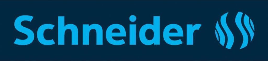 The image shows the Schneider logo and text on a dark blue background.