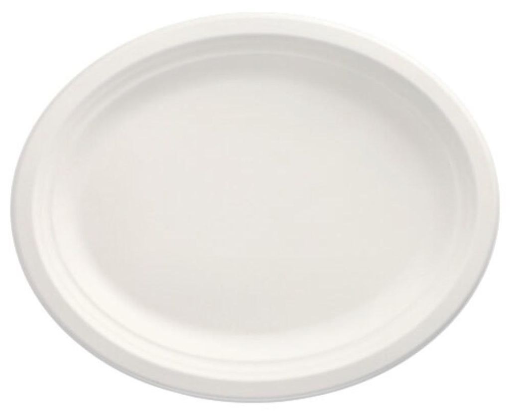 PAPSTAR Teller "pure" oval, 32x25,5 cm, aus Zuckerrohr, weiß | Schrumpffolie (12 Stück)