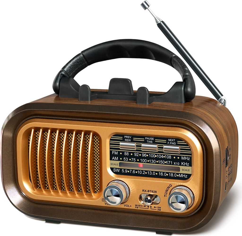 Retro Vintage Radio mit Bluetooth, tragbares Transistorradio AM FM SW, unterstützt TF-Karte USB MP3-Player, wiederaufladbarer Akku, Gold