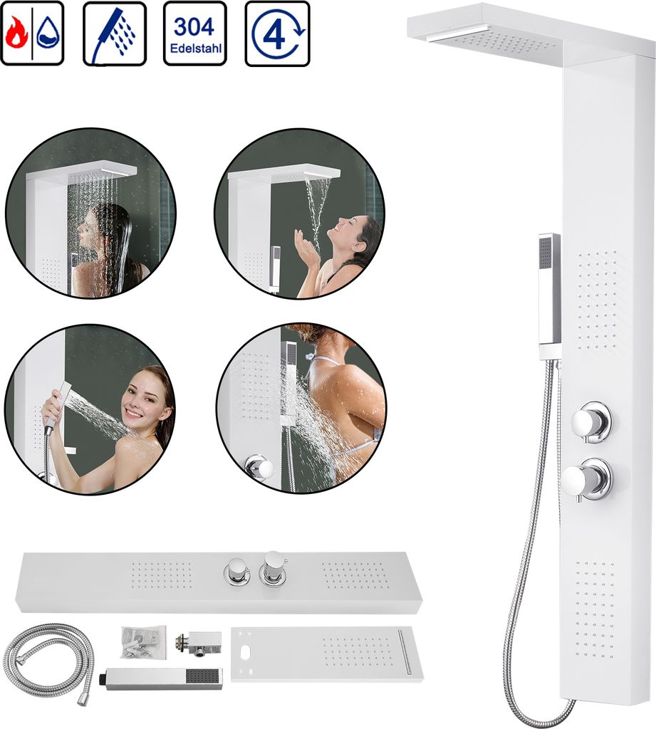 A collage of images showcasing a white shower panel system with various shower functions and accessories, along with close-ups of people using the shower.