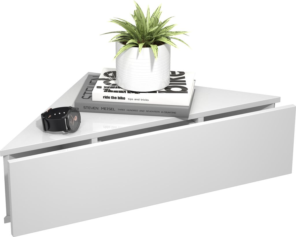 A white corner shelf with a plant, books, and a watch on it.