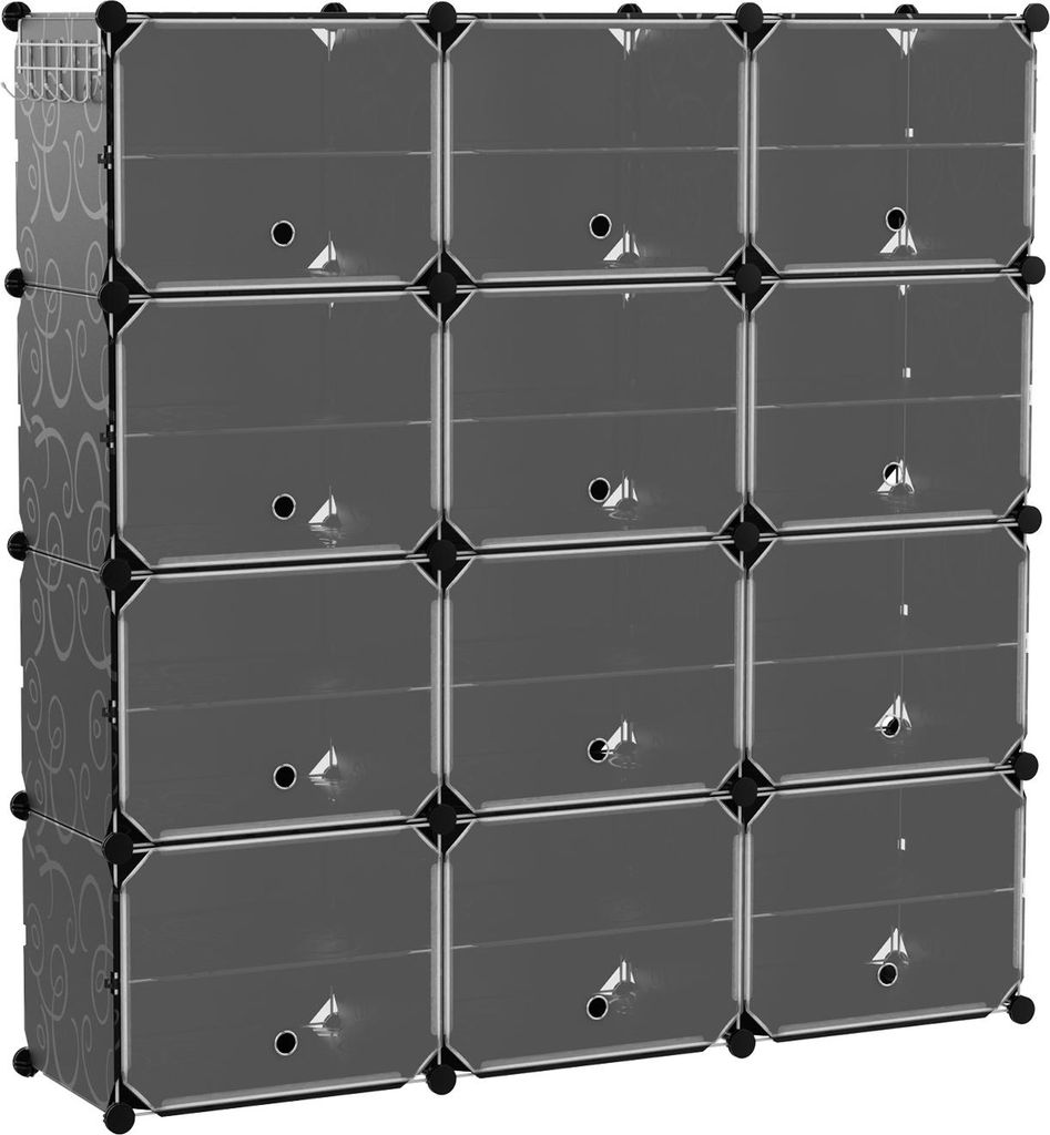 Tragbares Schuhregal für 48 Paar Schuhe, Würfelregal mit 12 Fächern herausnehmbarem Regal, 5 Haken und Türen, DIY-Schuhschrank mit 24 Ebenen, S...