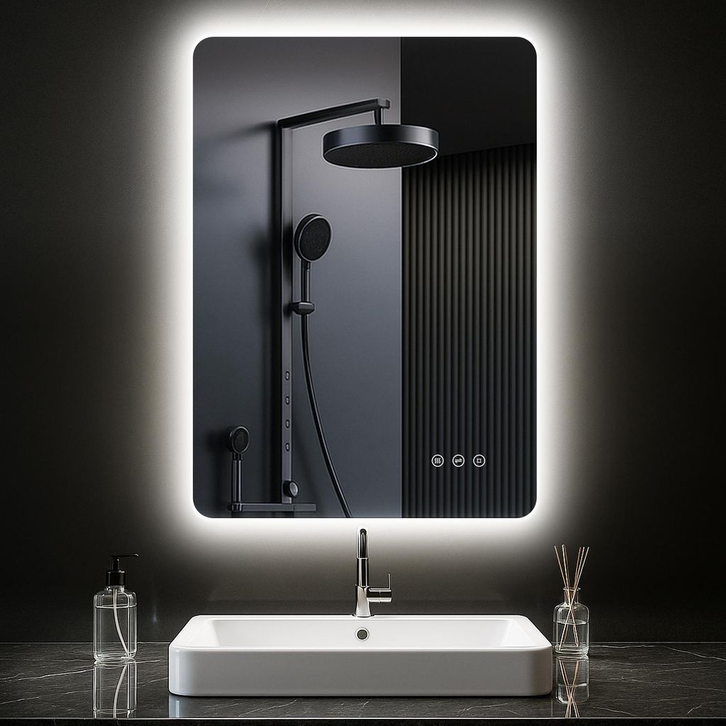 Badezimmerspiegel mit Beleuchtung 50 x 70cm, LED Spiegel Bad mit Antibeschlag, 3 Lichtfarben, Dimmbar, Rechteckig Badspiegel mit Touch-Schalter, Sp...